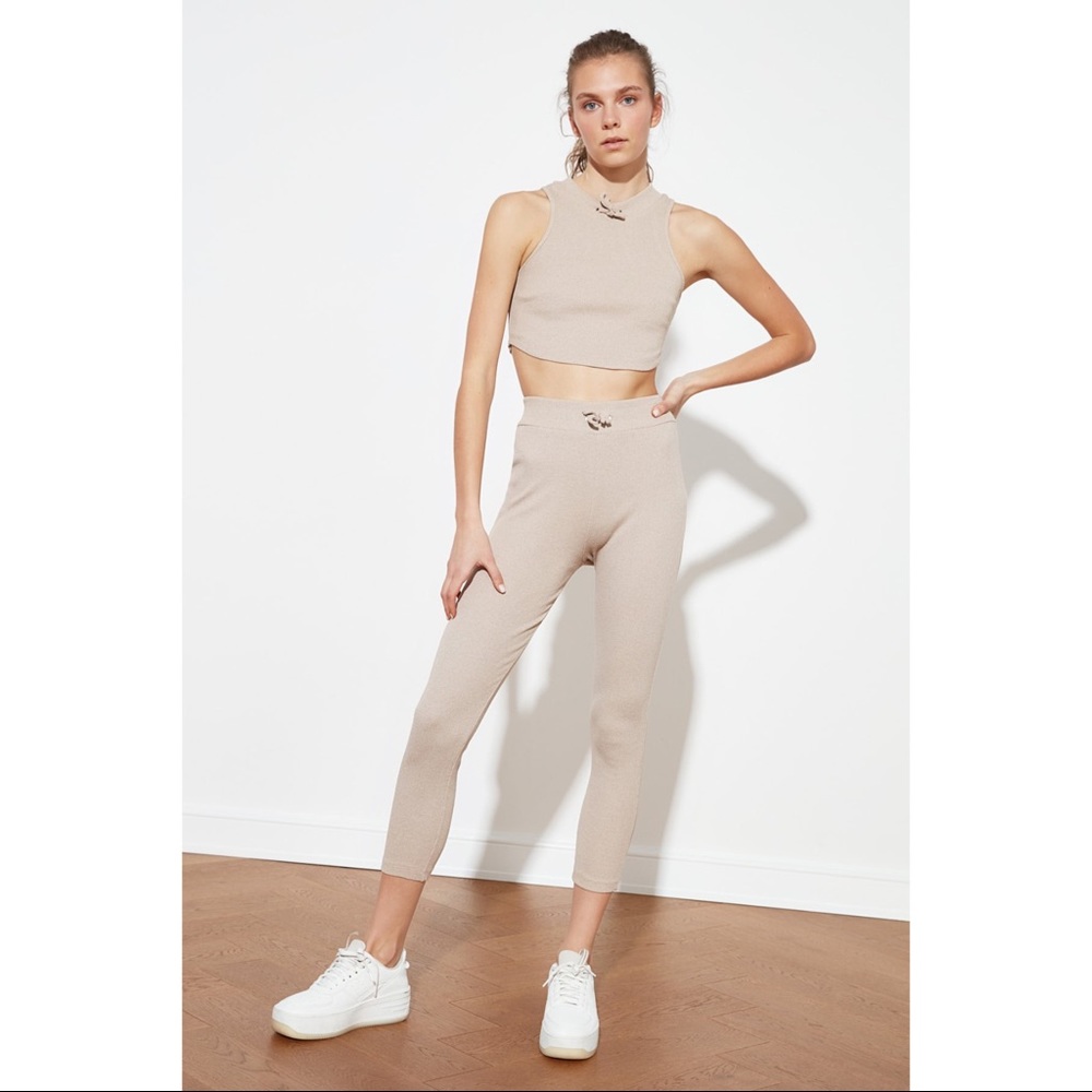 High Waist Beige Soft Leggings and Top Tank Set